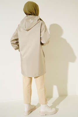 Cepli Fermuarlı Kapüşonlu Trençkot Bej - Thumbnail