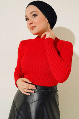 Pazarium - Fitilli Esnek Triko Kazak Kırmızı