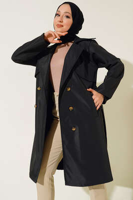 Kuşaklı Cepli Trençkot Siyah - Thumbnail