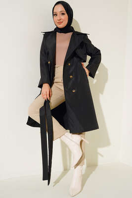 Kuşaklı Cepli Trençkot Siyah - Thumbnail