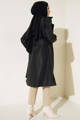 Kuşaklı Cepli Trençkot Siyah - Thumbnail