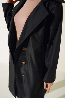 Kuşaklı Cepli Trençkot Siyah - Thumbnail