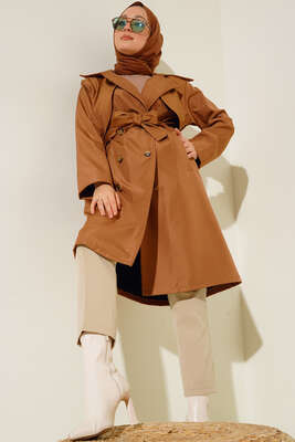 Kuşaklı Cepli Trençkot Camel - Thumbnail