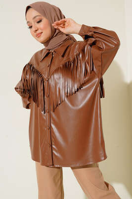 Saçaklı Deri Gömlek Taba - Thumbnail