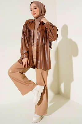 Saçaklı Deri Gömlek Taba - Thumbnail