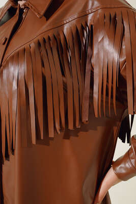 Saçaklı Deri Gömlek Taba - Thumbnail