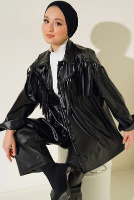 Saçaklı Deri Gömlek Siyah - Thumbnail