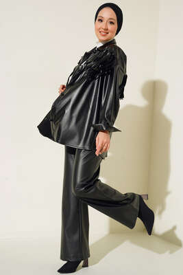 Saçaklı Deri Gömlek Siyah - Thumbnail