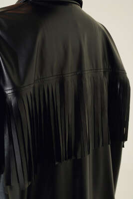 Saçaklı Deri Gömlek Siyah - Thumbnail