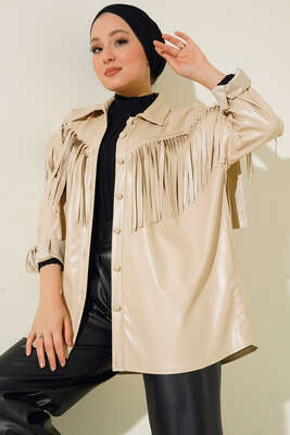Saçaklı Deri Gömlek Bej - Thumbnail
