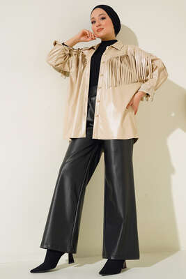 Saçaklı Deri Gömlek Bej - Thumbnail