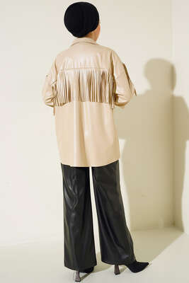 Saçaklı Deri Gömlek Bej - Thumbnail