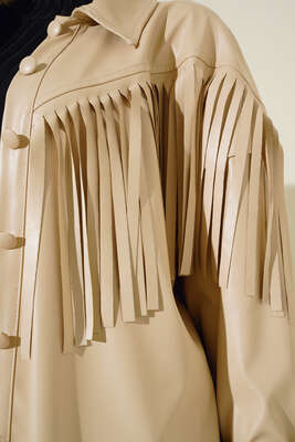 Saçaklı Deri Gömlek Bej - Thumbnail