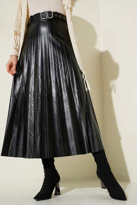 Piliseli Kemerli Siyah Deri Etek - Thumbnail