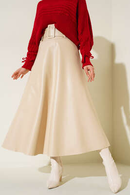 Pazarium - Kemerli Deri Etek Bej