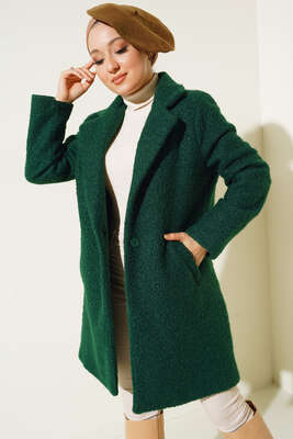 Tek Düğmeli Buklet Kaban Zümrüt Yeşil - Thumbnail