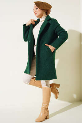 Tek Düğmeli Buklet Kaban Zümrüt Yeşil - Thumbnail