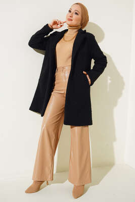 Tek Düğmeli Buklet Kaban Siyah - Thumbnail