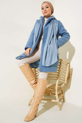 Tek Düğmeli Buklet Kaban Mavi - Thumbnail