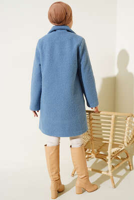 Tek Düğmeli Buklet Kaban Mavi - Thumbnail