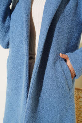 Tek Düğmeli Buklet Kaban Mavi - Thumbnail