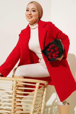 Tek Düğmeli Buklet Kaban Kırmızı - Thumbnail