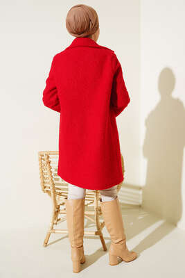 Tek Düğmeli Buklet Kaban Kırmızı - Thumbnail