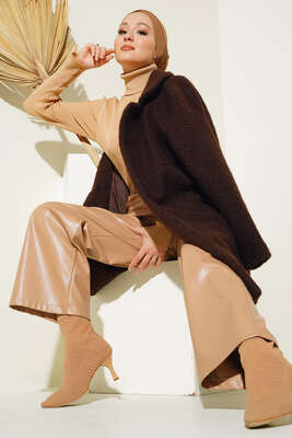 Tek Düğmeli Buklet Kaban Kahve - Thumbnail