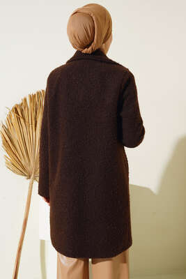 Tek Düğmeli Buklet Kaban Kahve - Thumbnail