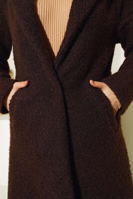 Tek Düğmeli Buklet Kaban Kahve - Thumbnail