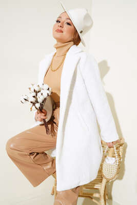 Tek Düğmeli Buklet Kaban Beyaz - Thumbnail