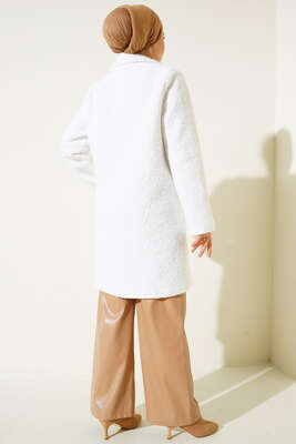 Tek Düğmeli Buklet Kaban Beyaz - Thumbnail