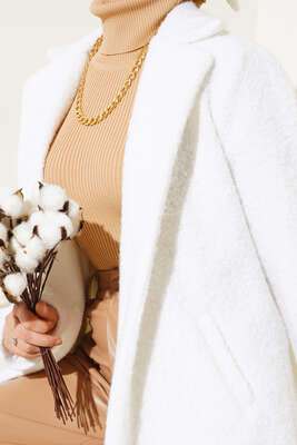 Tek Düğmeli Buklet Kaban Beyaz - Thumbnail