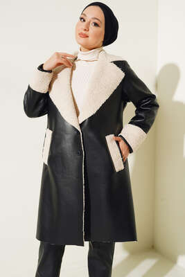 Düğmeli İçi Kürklü Uzun Deri Mont - Thumbnail