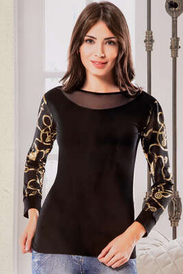 Kolları Desenli Uzun Kol Bayan Body Siyah - Thumbnail