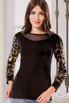 Kolları Desenli Uzun Kol Bayan Body Siyah - Thumbnail