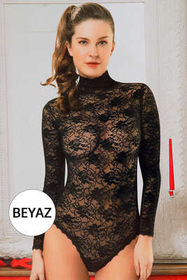 Uzun Kollu Dantelli Bayan Çıtçıtlı Body Beyaz - Thumbnail