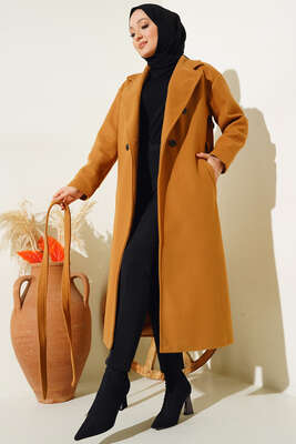 Cepli Düğmeli Uzun Kaşe Kaban Taba - Thumbnail