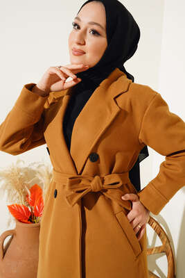 Cepli Düğmeli Uzun Kaşe Kaban Taba - Thumbnail