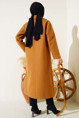 Cepli Düğmeli Uzun Kaşe Kaban Taba - Thumbnail