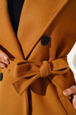 Cepli Düğmeli Uzun Kaşe Kaban Taba - Thumbnail