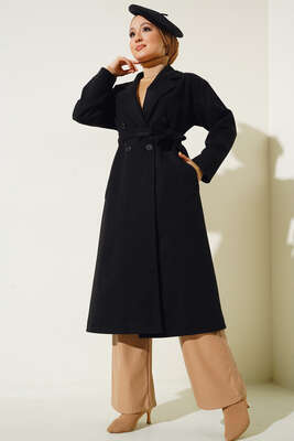 Cepli Düğmeli Uzun Kaşe Kaban Siyah - Thumbnail