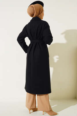 Cepli Düğmeli Uzun Kaşe Kaban Siyah - Thumbnail