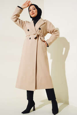 Cepli Düğmeli Uzun Kaşe Kaban Bej - Thumbnail
