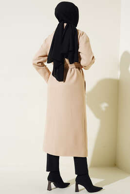 Cepli Düğmeli Uzun Kaşe Kaban Bej - Thumbnail