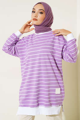 Armalı Yatay Çizgili Tunik Lila - Thumbnail