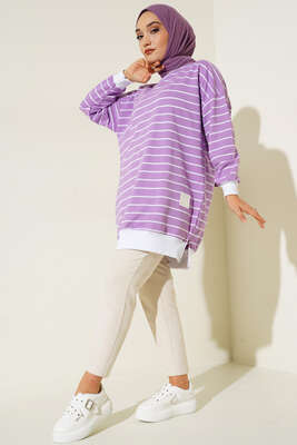 Armalı Yatay Çizgili Tunik Lila - Thumbnail