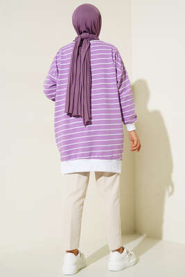 Armalı Yatay Çizgili Tunik Lila - Thumbnail
