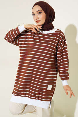 Armalı Yatay Çizgili Tunik Kahve - Thumbnail