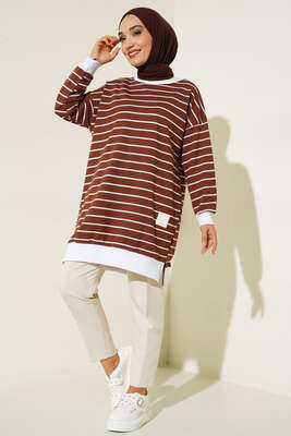 Armalı Yatay Çizgili Tunik Kahve - Thumbnail